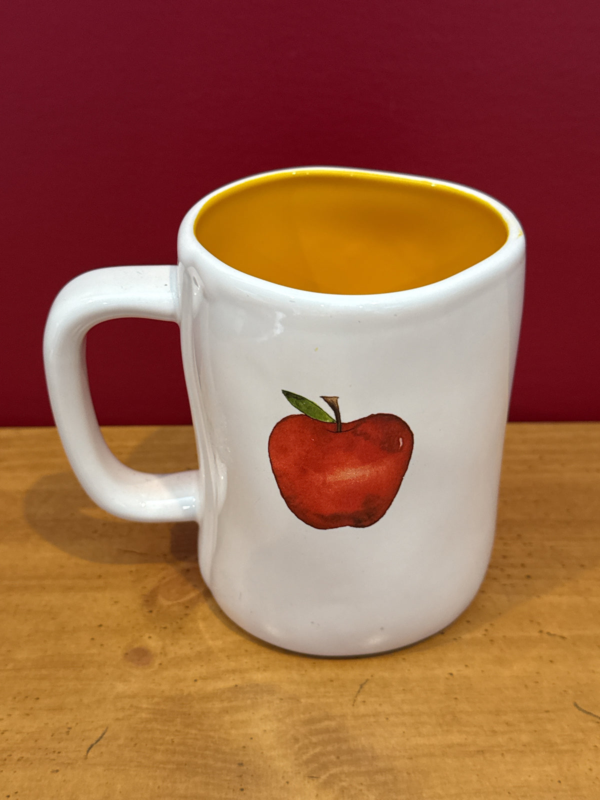 Rae Dunn “TEACHER FUEL” Coffee Mug with Yellow Interior & Apple Design New 4 7/8" Tall