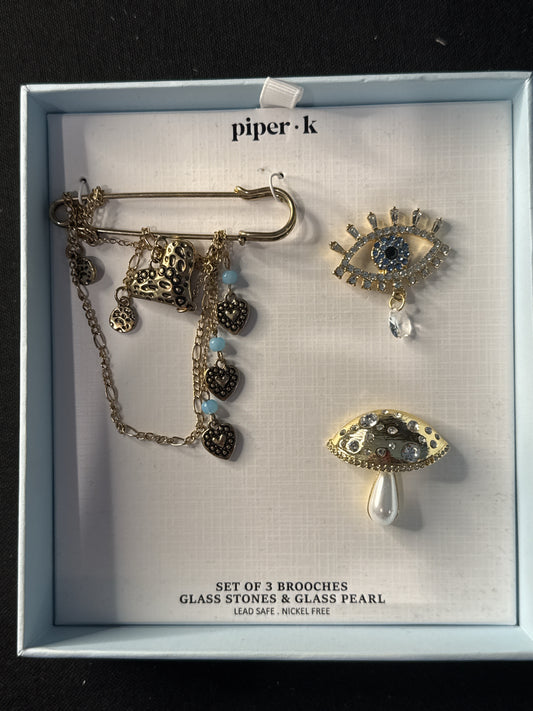 Piper K Set of 3 Brooches Glass Stone & Glass Pearl New in Box Evil Eye Mushroom