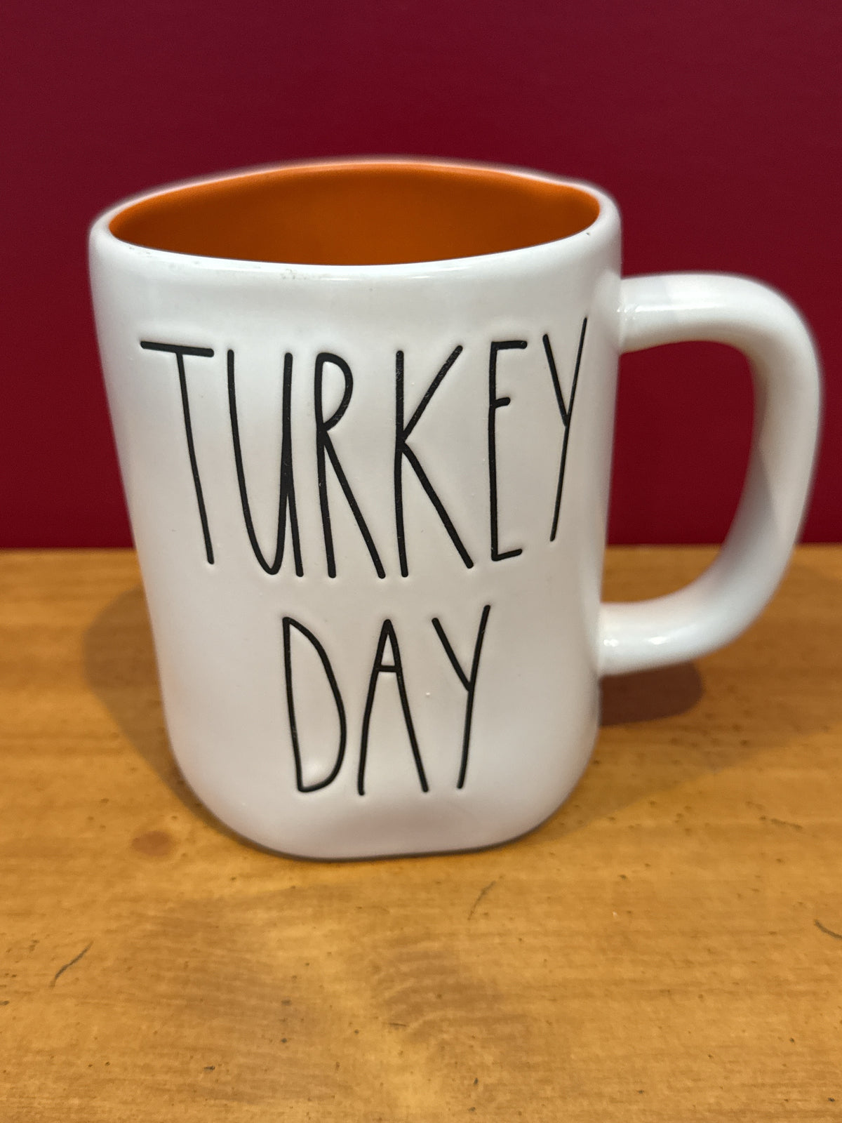 Rae Dunn “TURKEY DAY” White Coffee Mug with Orange Interior by Magenta New 4 7/8" Tall