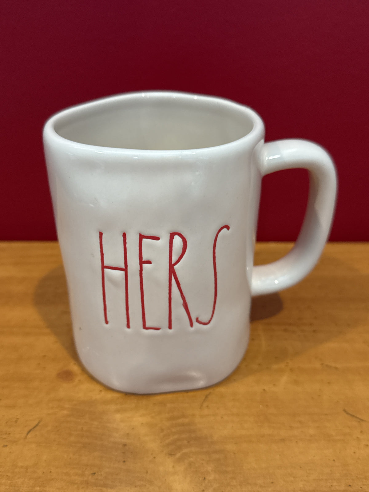 Magenta “HERS” White Coffee Mug with Red Lettering Vintage 4.75" Tall