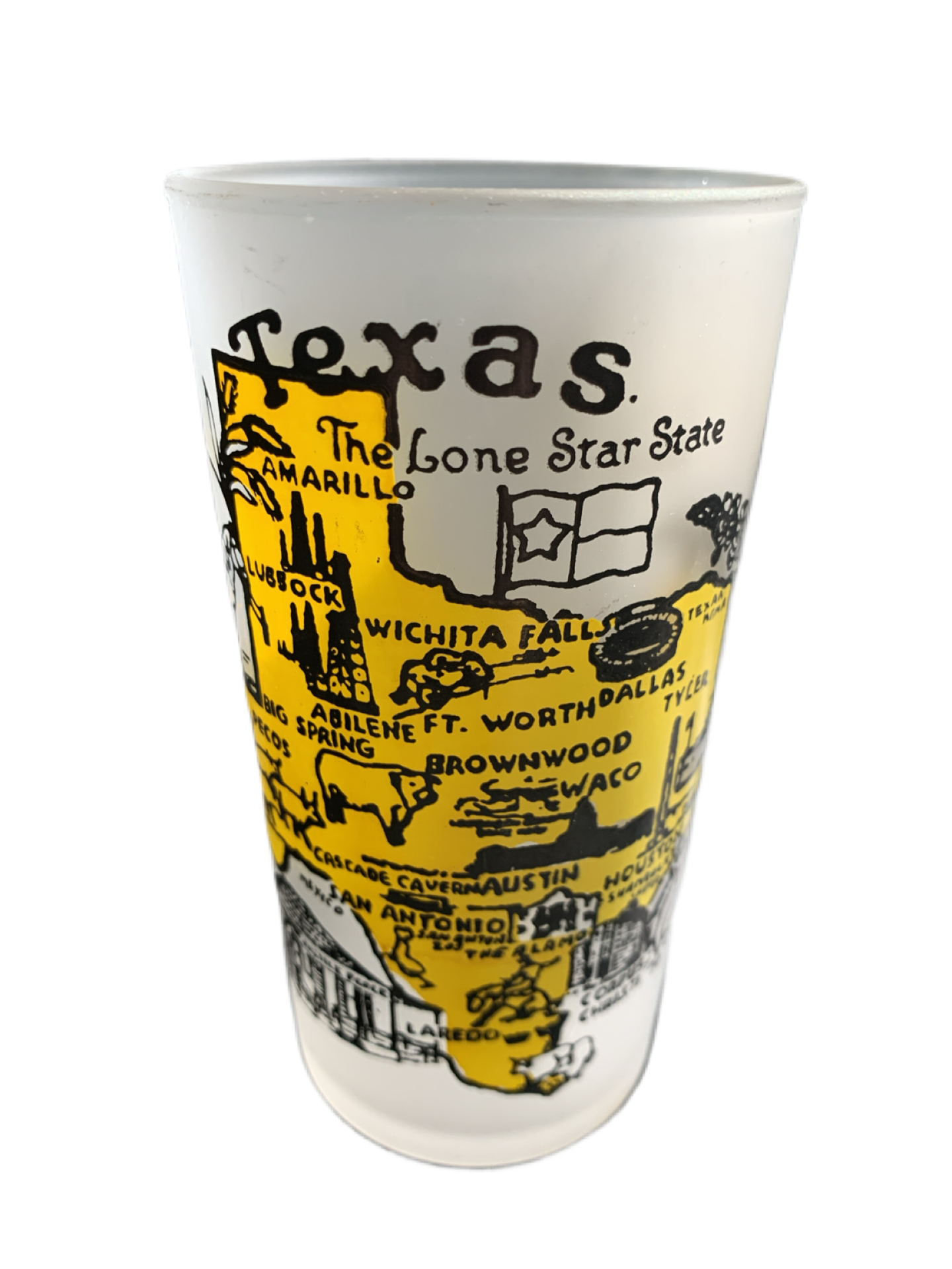 Set of 4 State Souvenir Frosted Glass 8 oz Tumbler 1950's Barware, Texas, Alabama, Kentucky, Tennessee