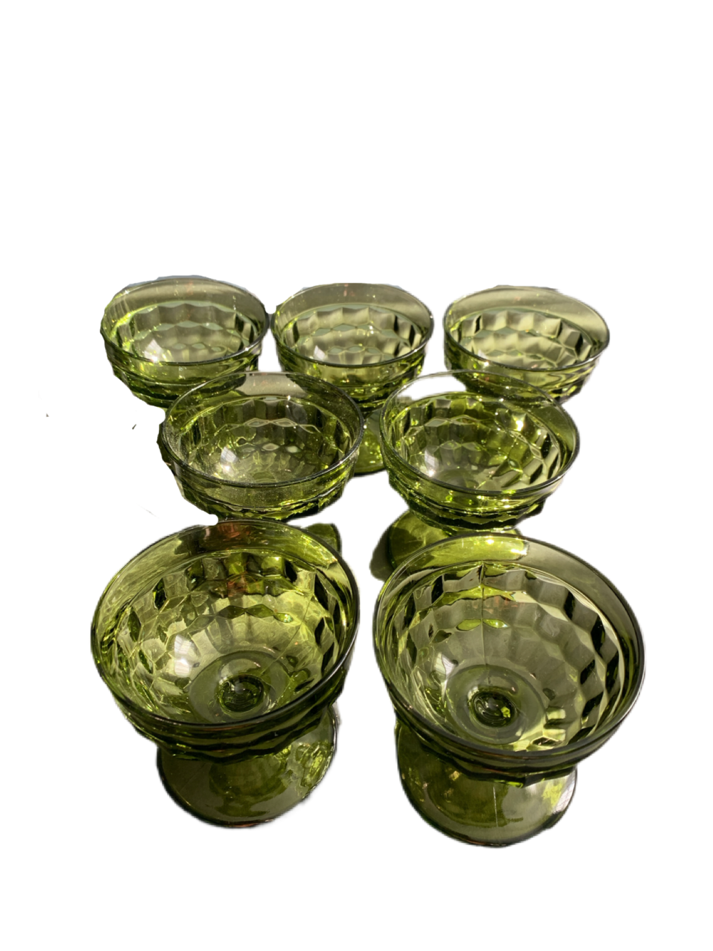 Set of 7 Vintage Indiana Colony Cubist Whitehall Avocado Green Footed Dessert Glasses