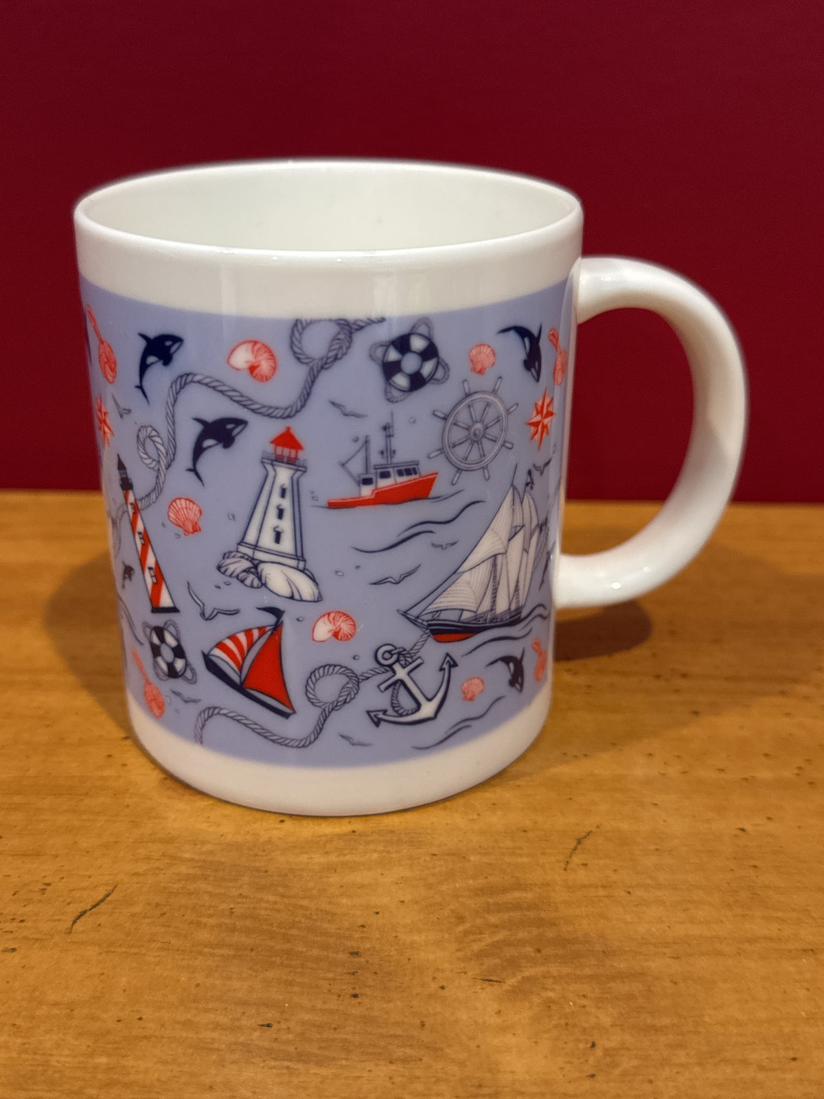 Nautical Lighthouse & Sailboat Coffee Mug with Blue Coastal Design 3.75" Tall
