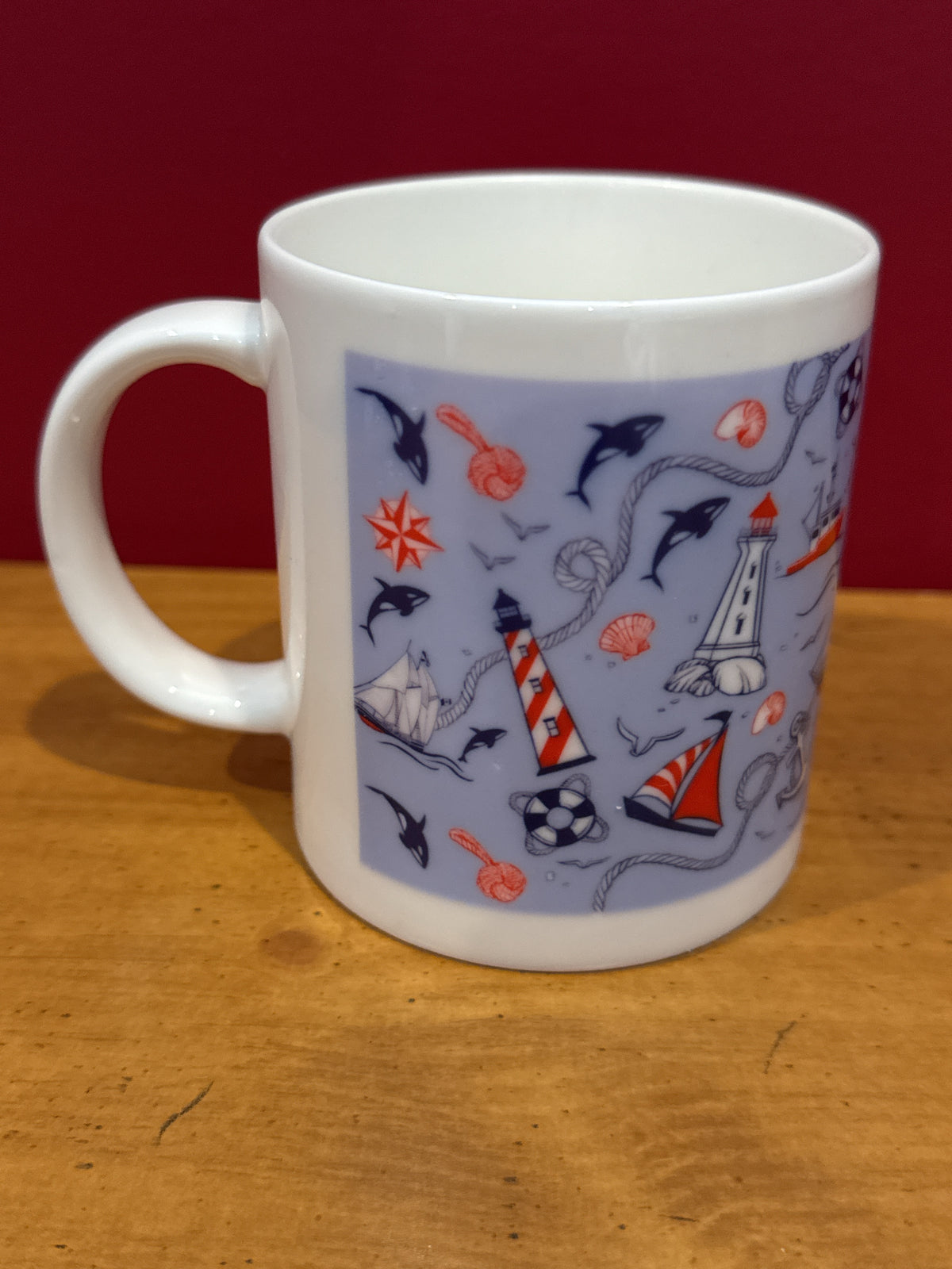 Nautical Lighthouse & Sailboat Coffee Mug with Blue Coastal Design 3.75" Tall