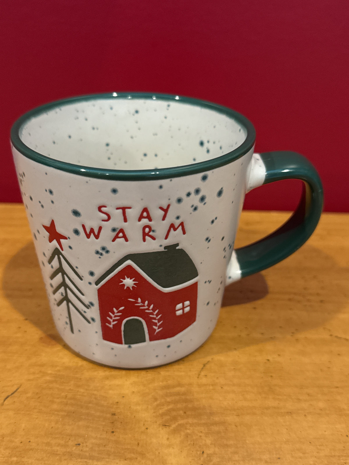 California Pantry “Stay Warm” Speckled Christmas Mug with Red House Design 3.75" Tall