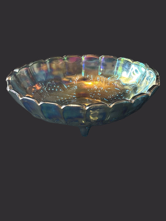 Vintage Indiana Blue Iridescent Carnival Oval Footed Glass Bowl Grape Detail 12.5" x 8.5" x 4.5"