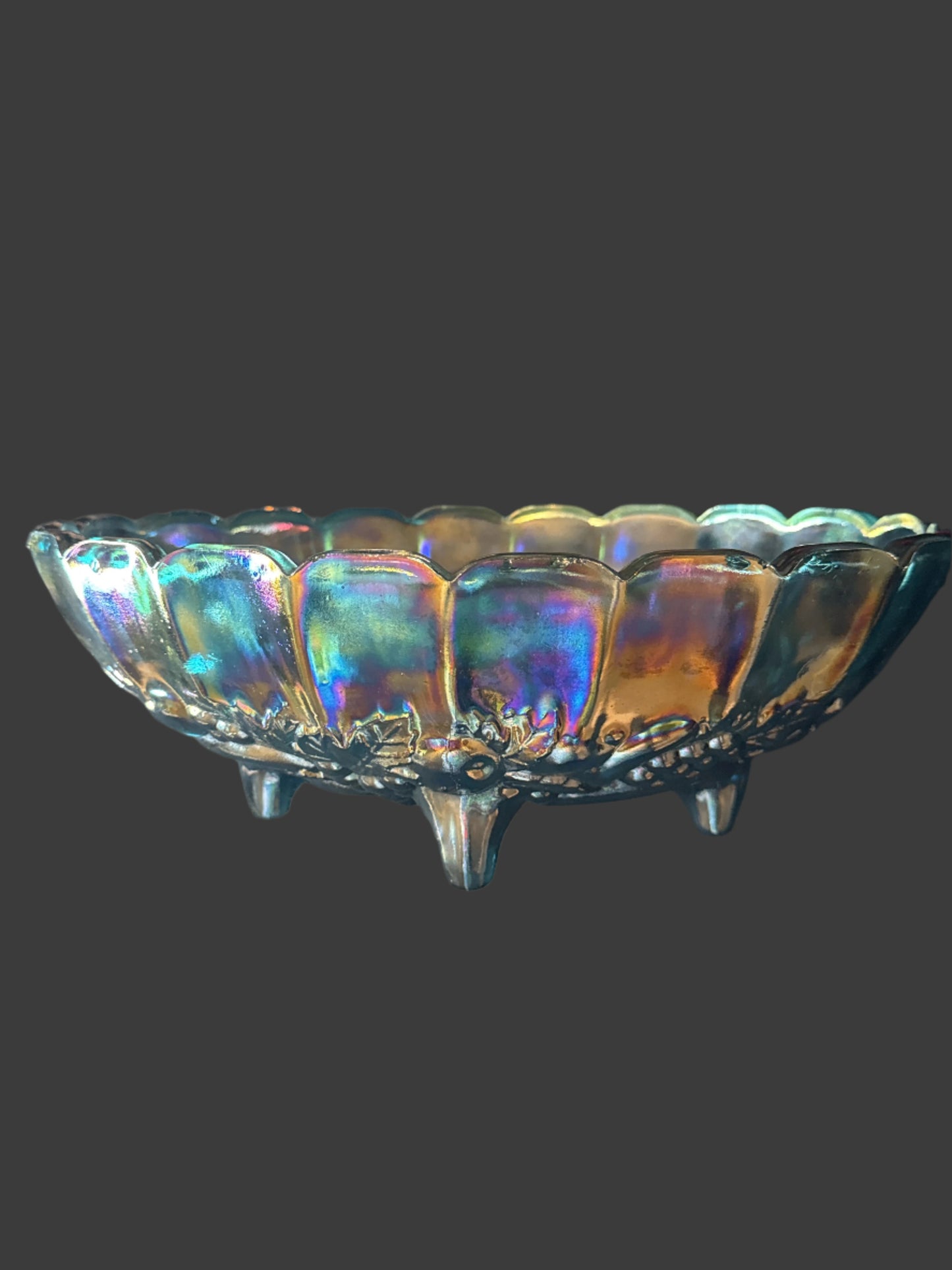 Vintage Indiana Blue Iridescent Carnival Oval Footed Glass Bowl Grape Detail 12.5" x 8.5" x 4.5"