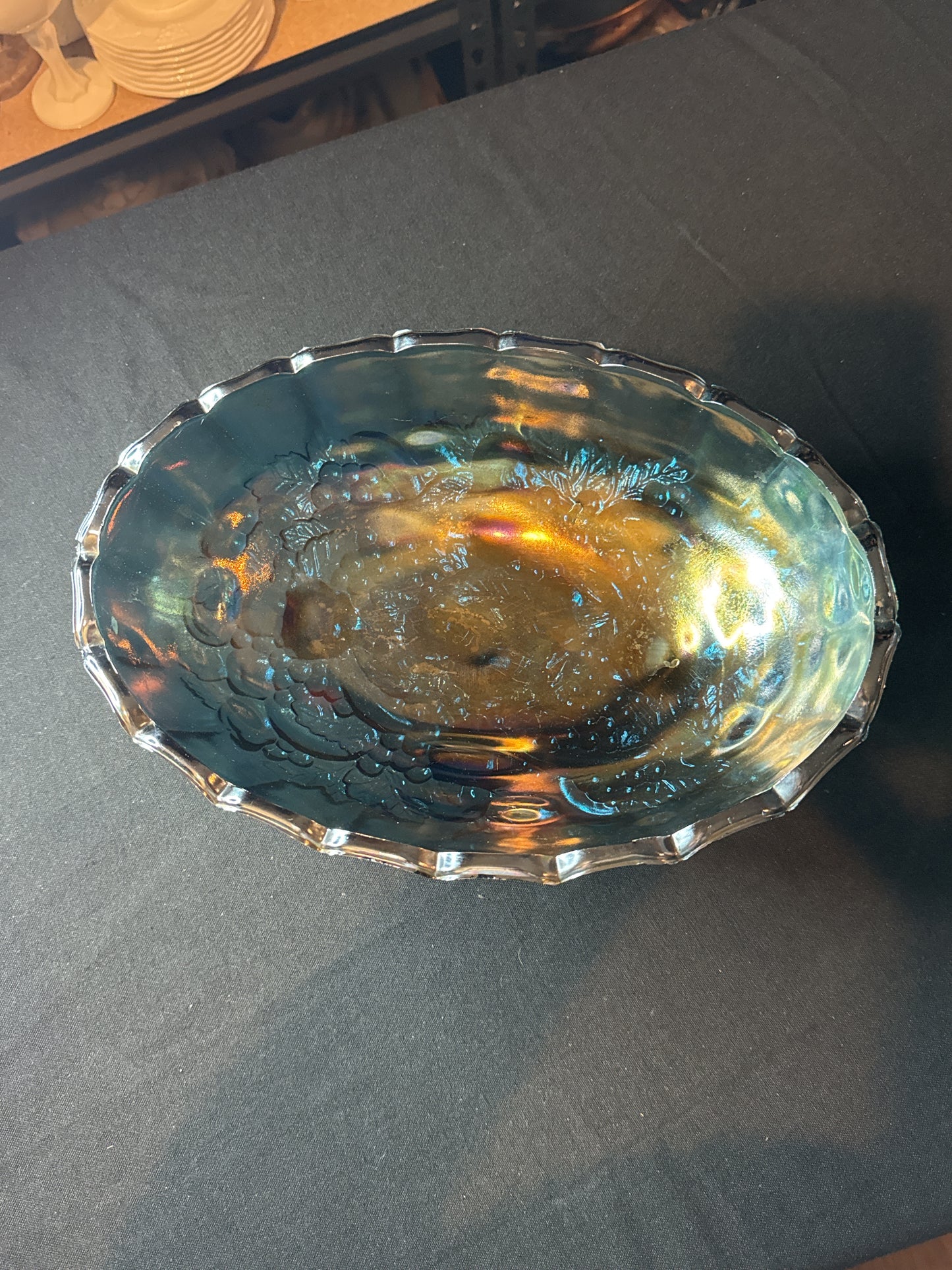 Vintage Indiana Blue Iridescent Carnival Oval Footed Glass Bowl Grape Detail 12.5" x 8.5" x 4.5"