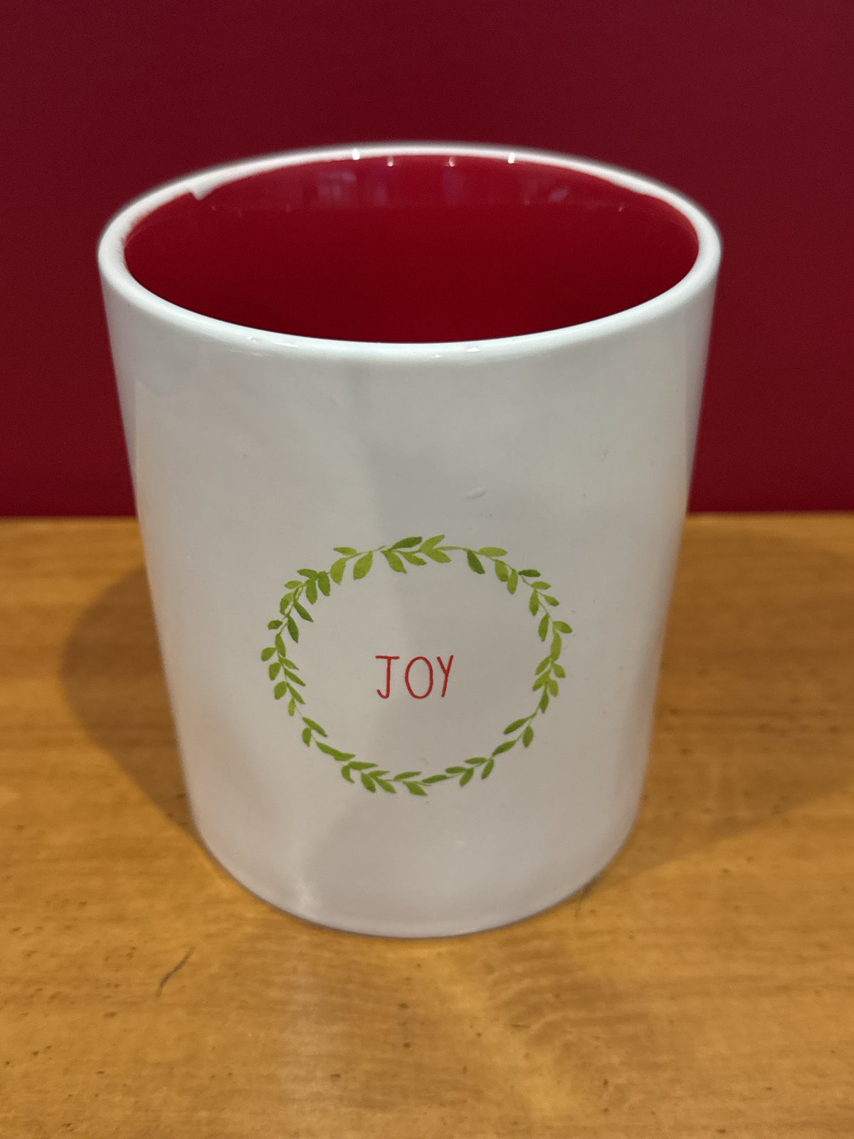 Rae Dunn “JOY” Wreath Handleless Cup with Red Interior by Magenta 4.5" Tall