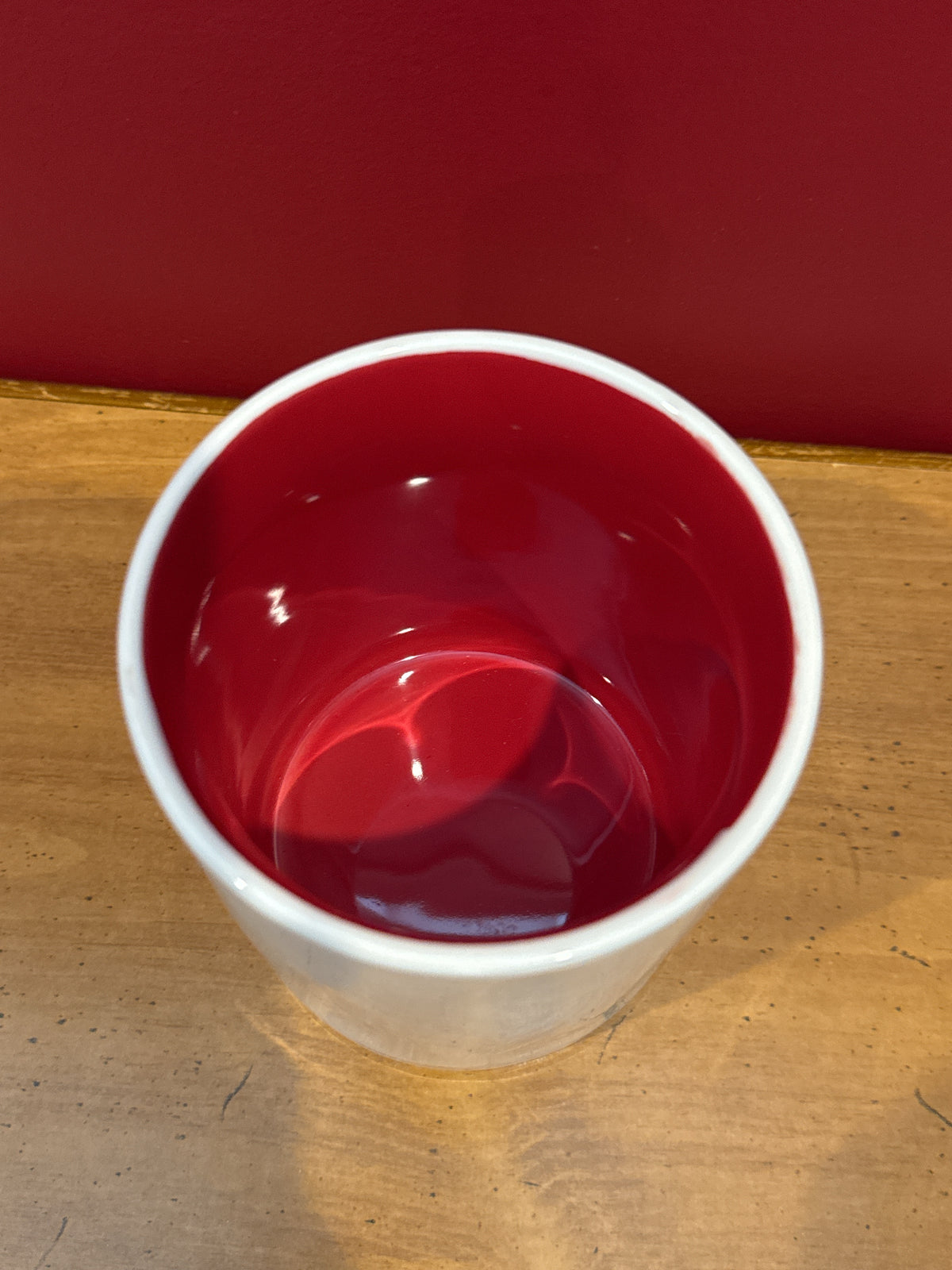 Rae Dunn “JOY” Wreath Handleless Cup with Red Interior by Magenta 4.5" Tall