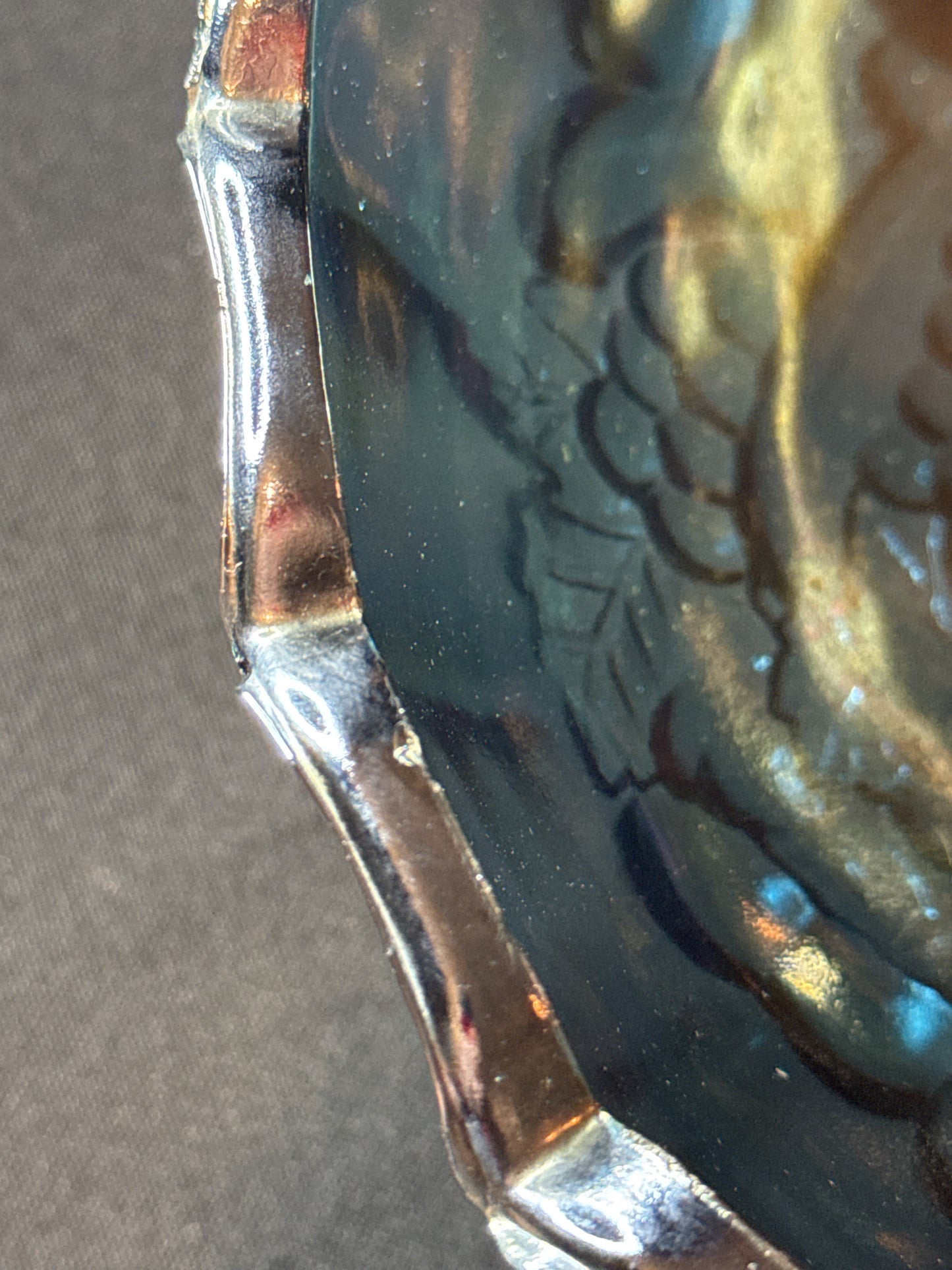 Vintage Indiana Blue Iridescent Carnival Oval Footed Glass Bowl Grape Detail 12.5" x 8.5" x 4.5"