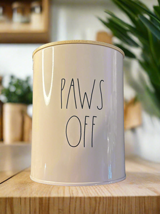 Rae Dunn Paws Off For Dog & Cat Treats & Food Pink Aluminum With Wooden Lid 7" x 5.25"