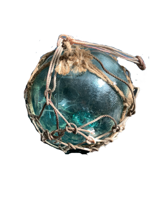 Vintage Japanese Glass Fishing Float Buoy Ball Roped Net Turquoise Blue Approx. 10"