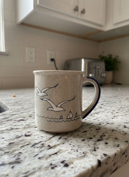 Vintage Otagiri Coffee Mug Cup Seagulls & Sailboats Coastal Blue 3 5/8" Tall