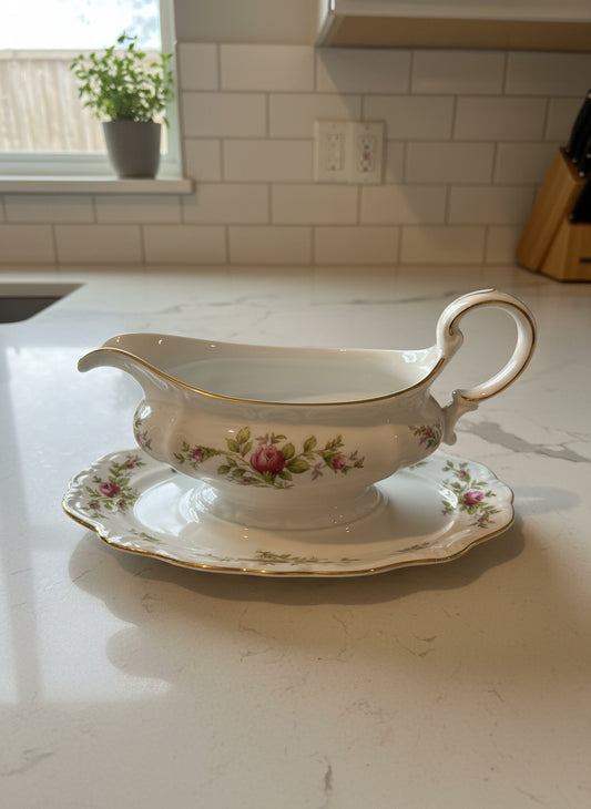 Vintage Moss Rose (Bavarian Backstamp) Johann Haviland Gravy Boat with Attached Underplate