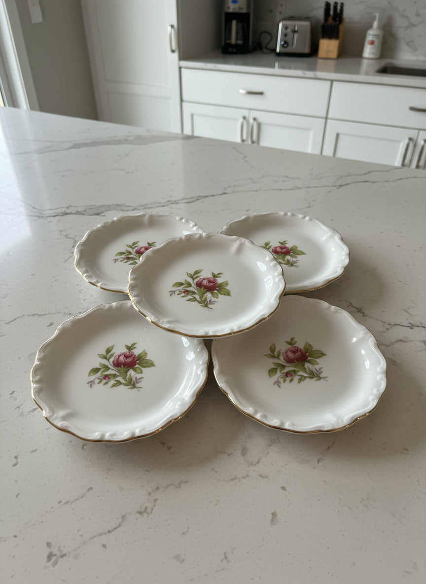 Set of 5 Vintage Johann Haviland Moss Rose Bavarian Backstamp Trinket Dish Coasters 3 5/8"