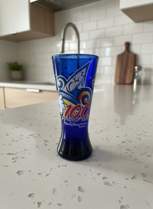 Walt Disney 100 Years of Magic Sorcerer Hat Blue Glass Collectible Shot Glass 4 1/8" Tall