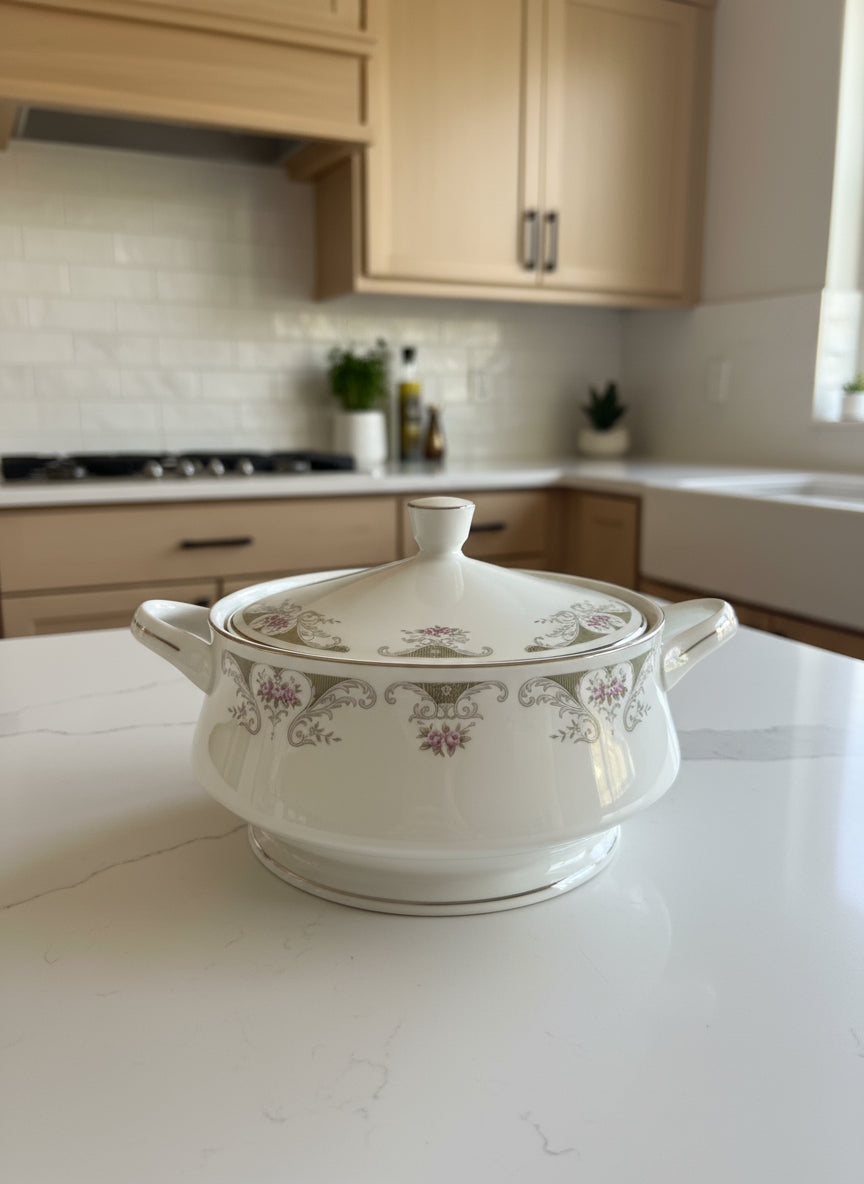 Round Covered Vegetable Dish Pattern Alberon by Japan 7.75" W x 5 5/8" T