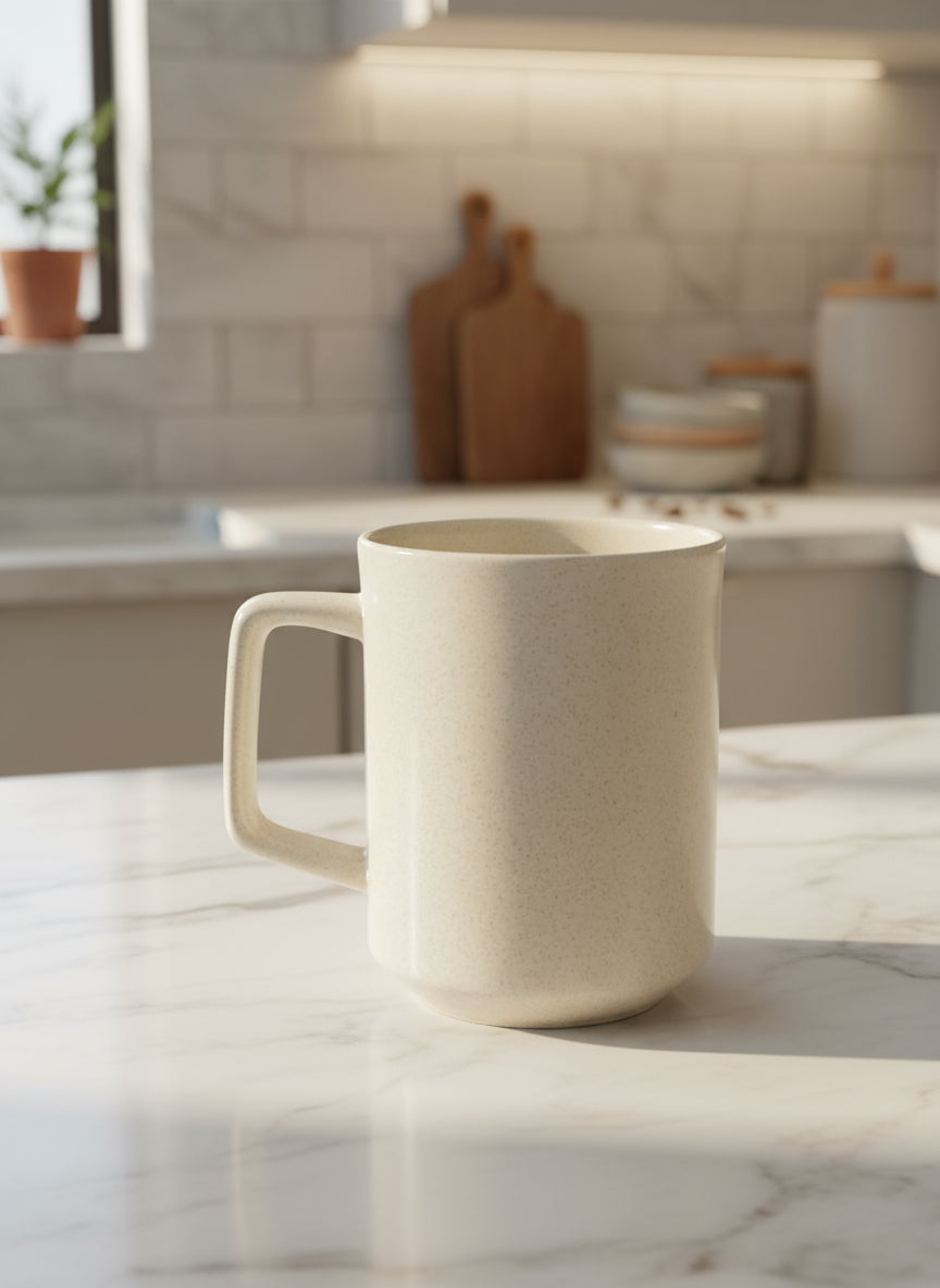 Tall Beige Speckled Ceramic Coffee Mug Cup 4.25" Tall No Branding