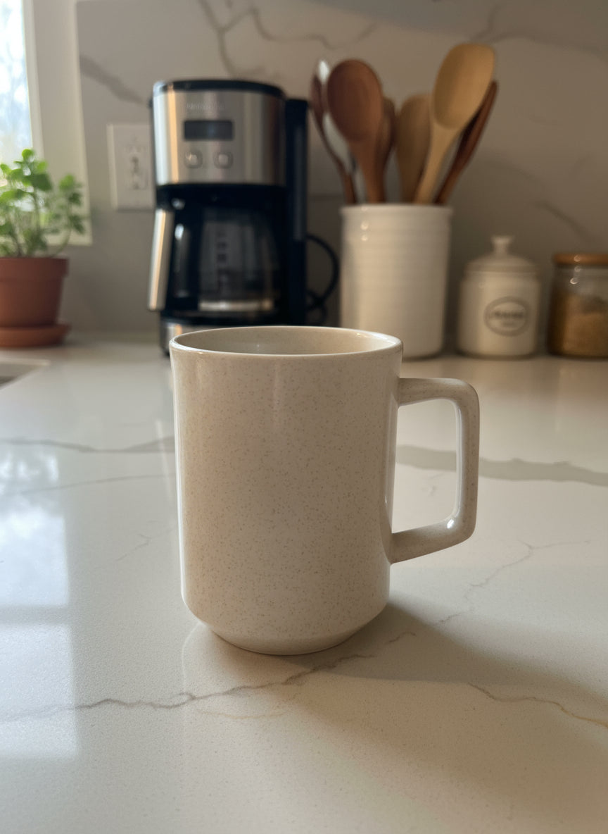 Tall Beige Speckled Ceramic Coffee Mug Cup 4.25" Tall No Branding