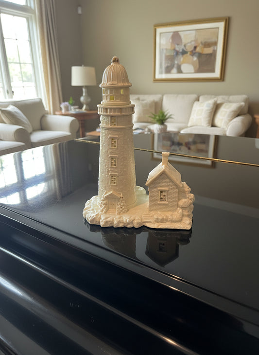 Porcelain Christmas Lighthouse White with Gold Accent Paint Excellent Condition 11" Tall