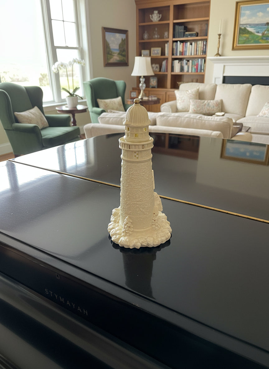 Porcelain Christmas Lighthouse White with Gold Accent Paint Excellent Condition 11" Tall