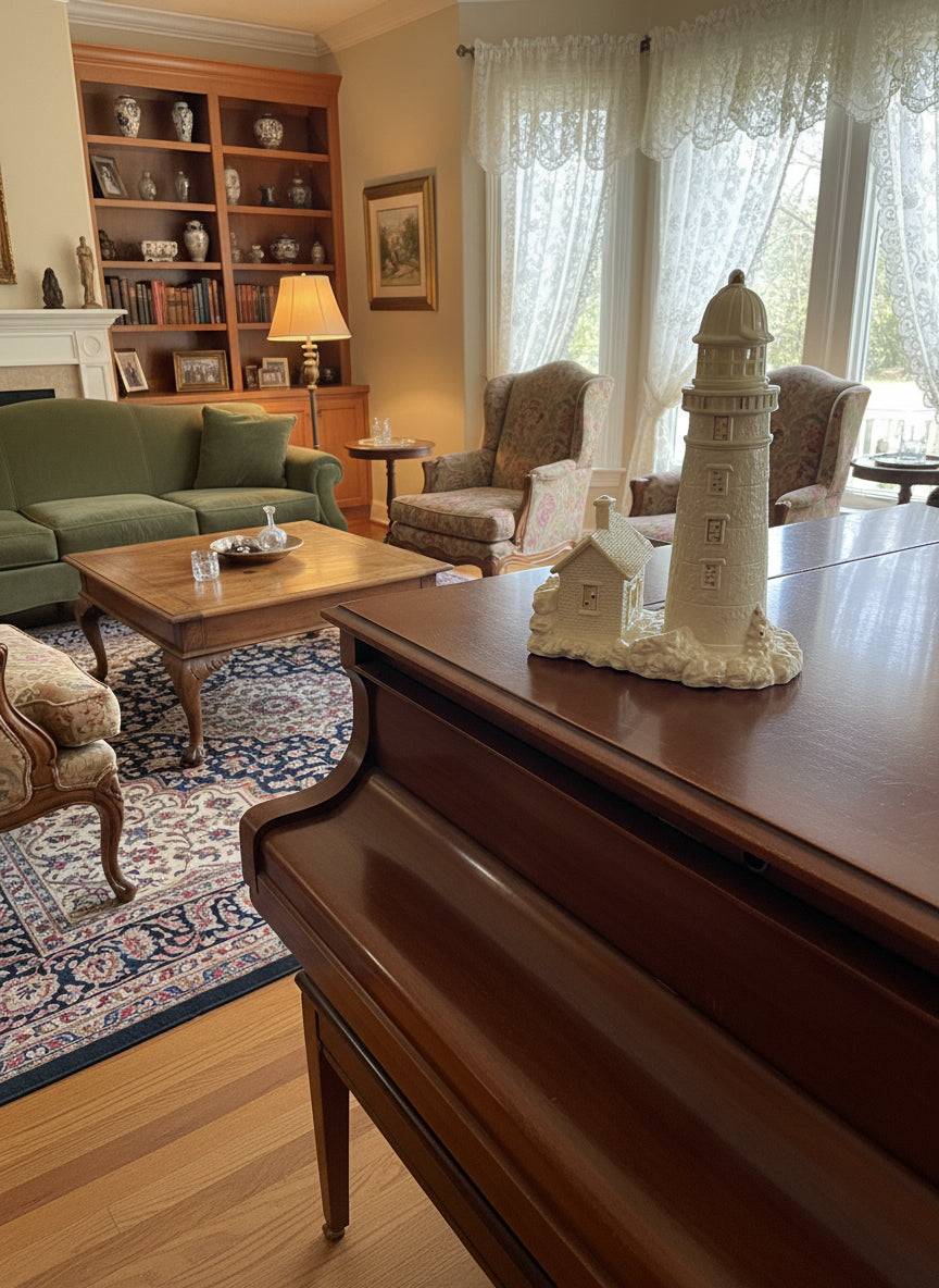 Porcelain Christmas Lighthouse White with Gold Accent Paint Excellent Condition 11" Tall