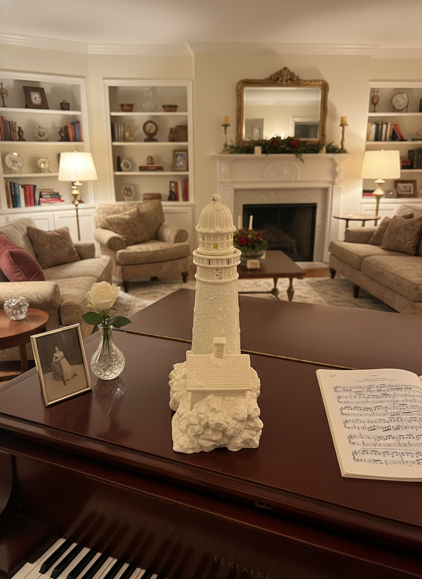 Porcelain Christmas Lighthouse White with Gold Accent Paint Excellent Condition 11" Tall