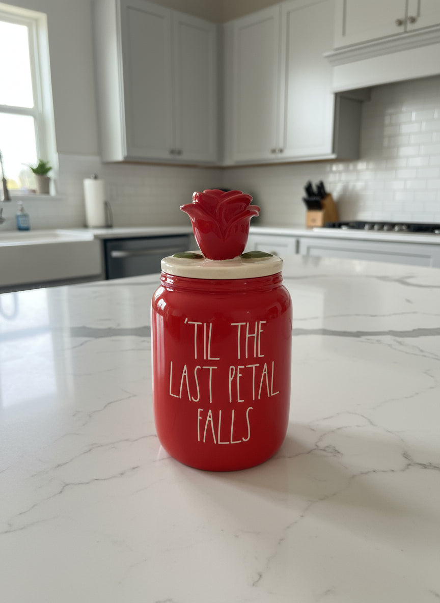 Rae Dunn Disney Red "Til The Last Petal Falls" Rose Topper Jar Canister Beauty & The Beast