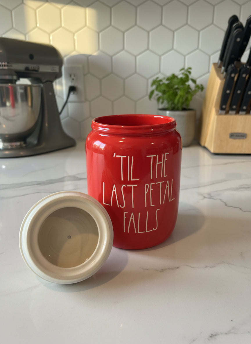 Rae Dunn Disney Red "Til The Last Petal Falls" Rose Topper Jar Canister Beauty & The Beast