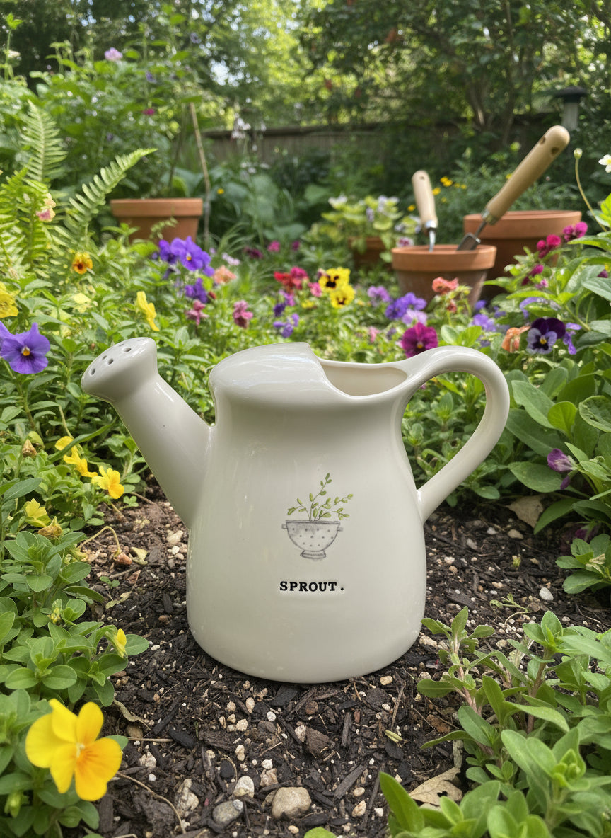 Rae Dunn SPROUT Watering Can Ceramic White New