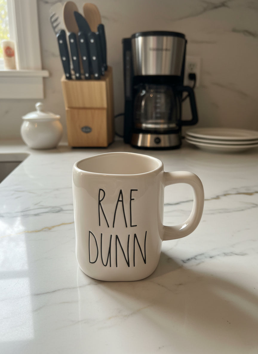 Rae Dunn White & Black Lettering Signature Mug Ceramic 4.75" Tall