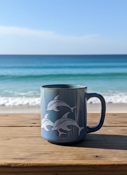Vintage Otagiri Japan Stoneware Dolphin Coffee Mug Cup Blue White Brown Trim 12oz 4" Tall