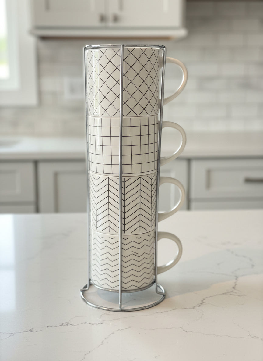 Coco & Lola Set of 4 White & Gold Accented Coffee Cups Mugs With Metal Stand 3.5" Tall Cups