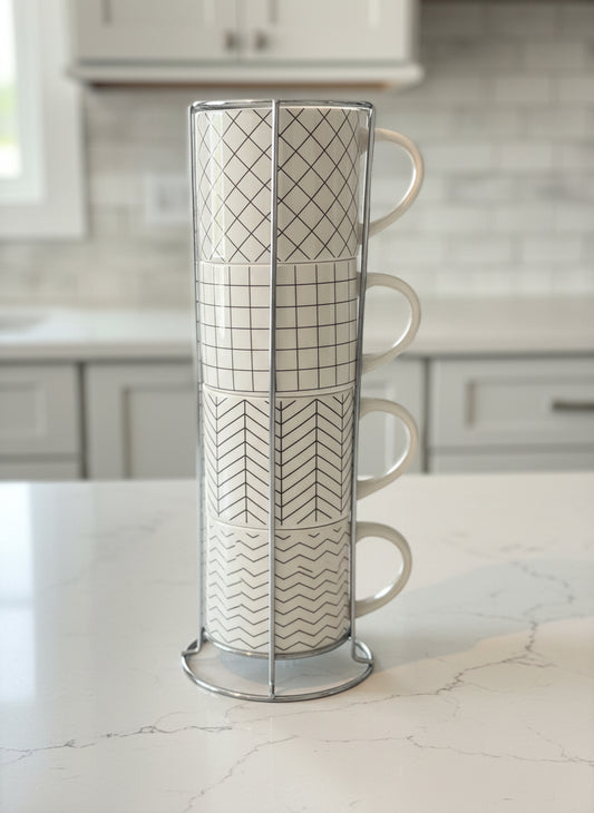 Coco & Lola Set of 4 White & Gold Accented Coffee Cups Mugs With Metal Stand 3.5" Tall Cups