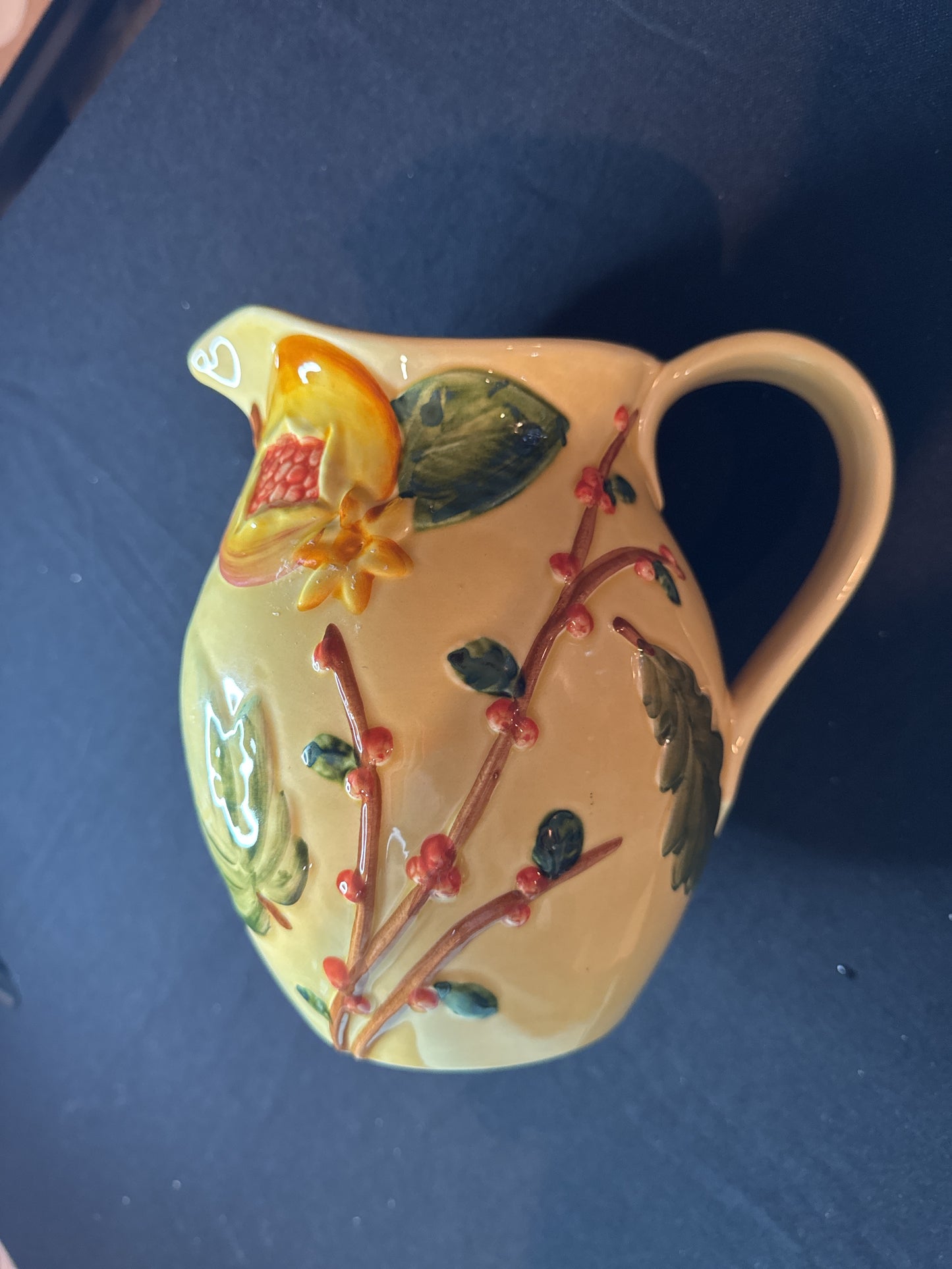 Italy Pottery Hand Painted Pitcher Yellow Willow 8718 New Pomegranate Vintage 8" Tall