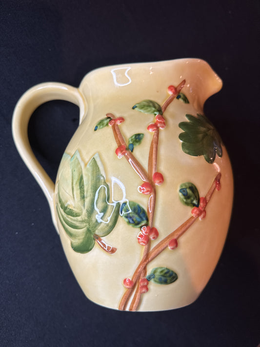 Italy Pottery Hand Painted Pitcher Yellow Willow 8718 New Pomegranate Vintage 8" Tall