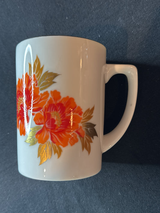 Vintage OMC Otagiri Japan Floral Orange Red Gold Porcelain Coffee Mug Cup Gold Foil Leaves