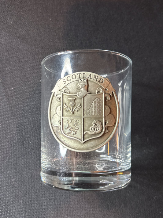 Bar Glass with Pewter Scotland Crest on Front from Busch Gardens 4.25" Tall