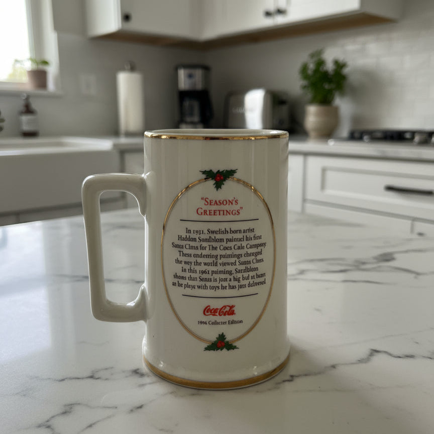 Vintage 1996 Coca-Cola Season's Greetings Santa Coffee Cup Mug Gold Paint on Rim 4.5" Tall