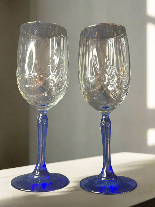 Pair of Wine Glasses with Embossed Swirl Cobalt Blue Stem Gold Rim 8" Very Nice Looking