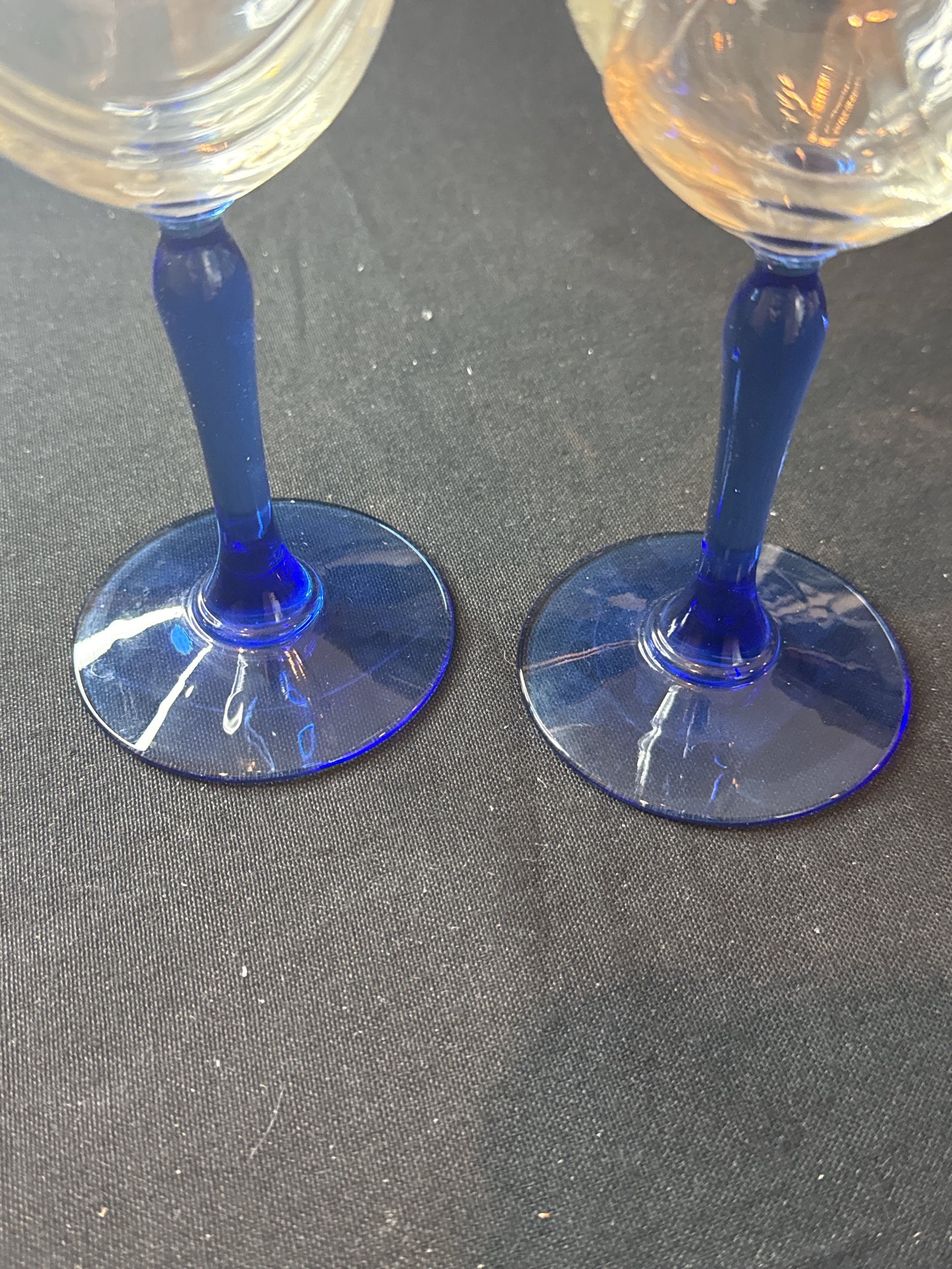 Pair of Wine Glasses with Embossed Swirl Cobalt Blue Stem Gold Rim 8" Very Nice Looking