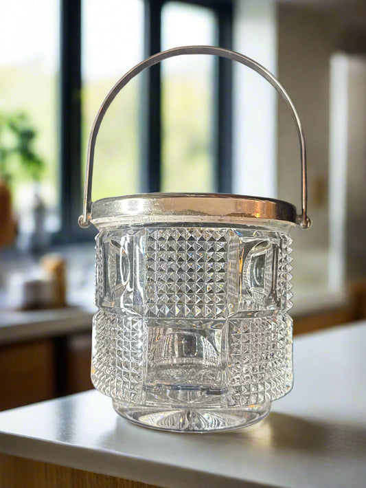 Cut Glass Ice Bucket F B Rogers Silver Co Silver Handle/Trim Germany 5" Tall