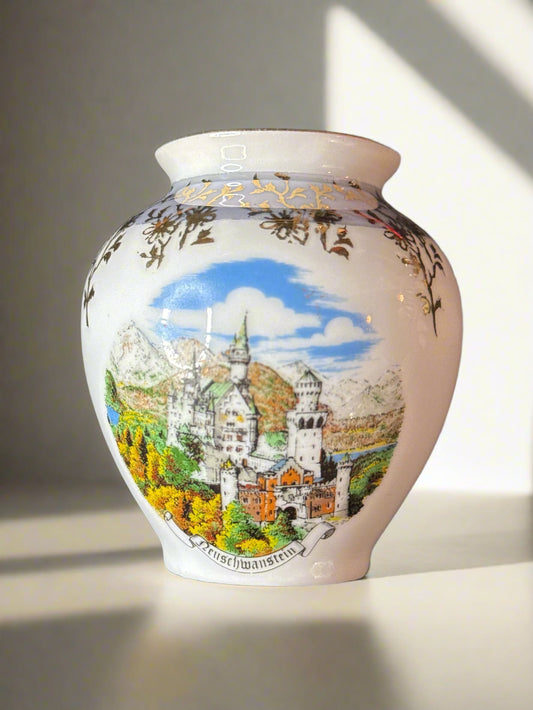 Vintage Neushwanstein Castle Souvenir Ceramic 2.75" Tall Vase Gold Trim Bavaria