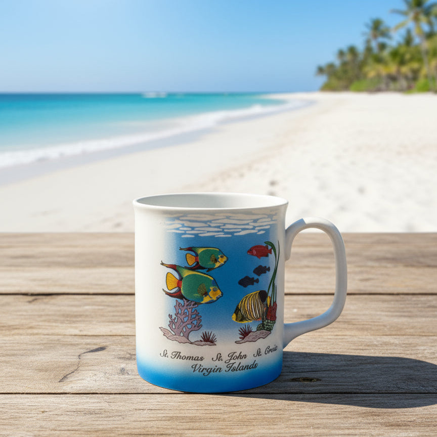 Souvenir Virgin Islands Coffee Cup Mug St. Thomas, St. John, St. Croix Fish 3.5" Tall