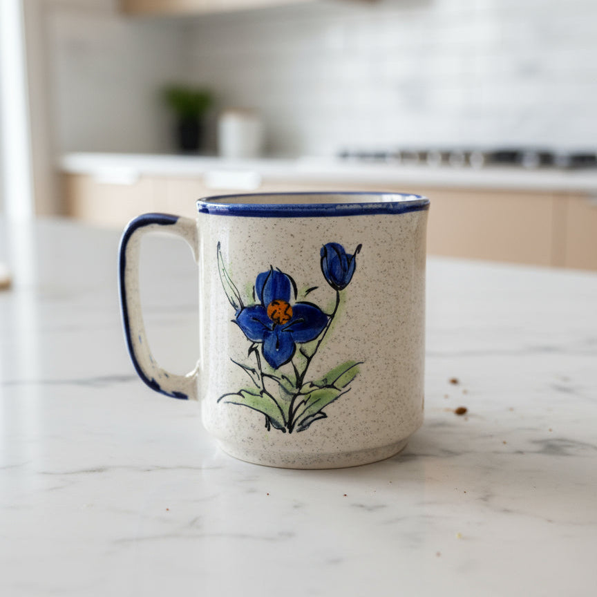 Speckled Stoneware Flower Blue Trim Ceramic Coffee Mug Cup Blue Floral Embossed 3 5/8" Tall