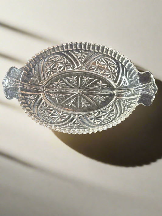 Vintage Divided Clear Pressed Glass Sawtooth Relish Candy Dish w/ Handles 10" Long