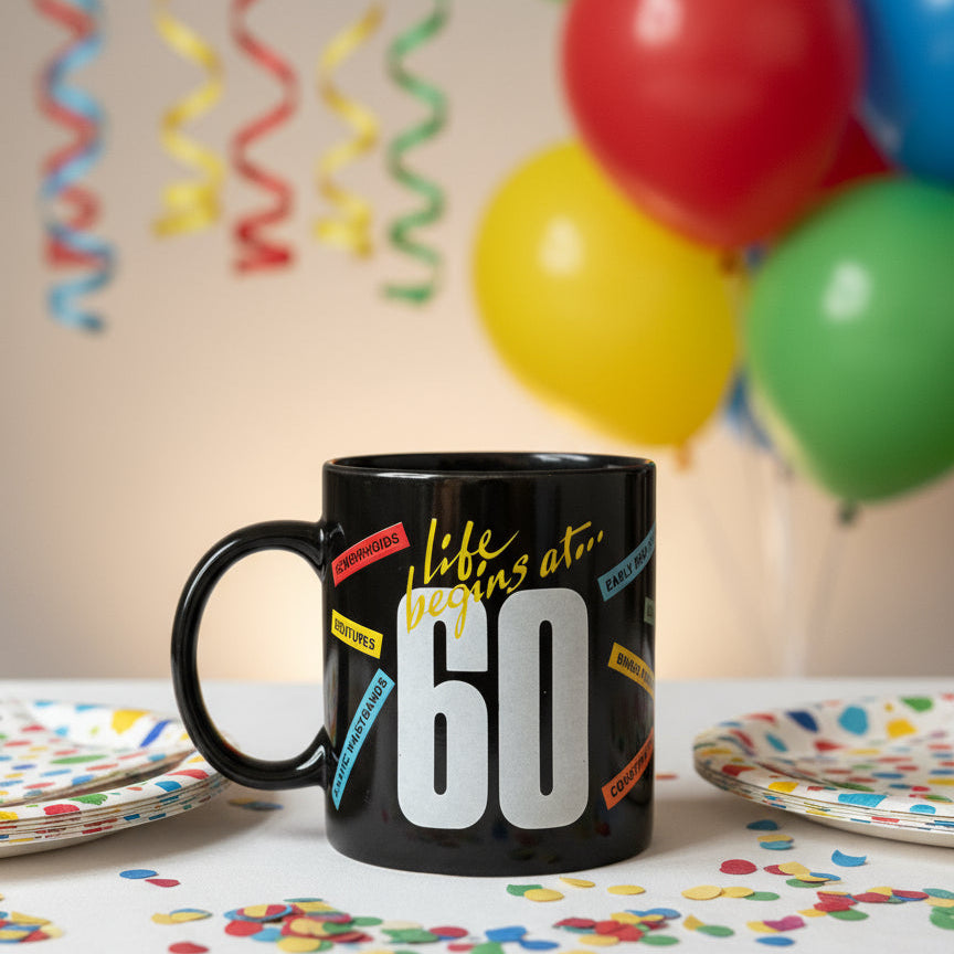 Life Begins At 60 Comedy Mug Black 3.75" Tall