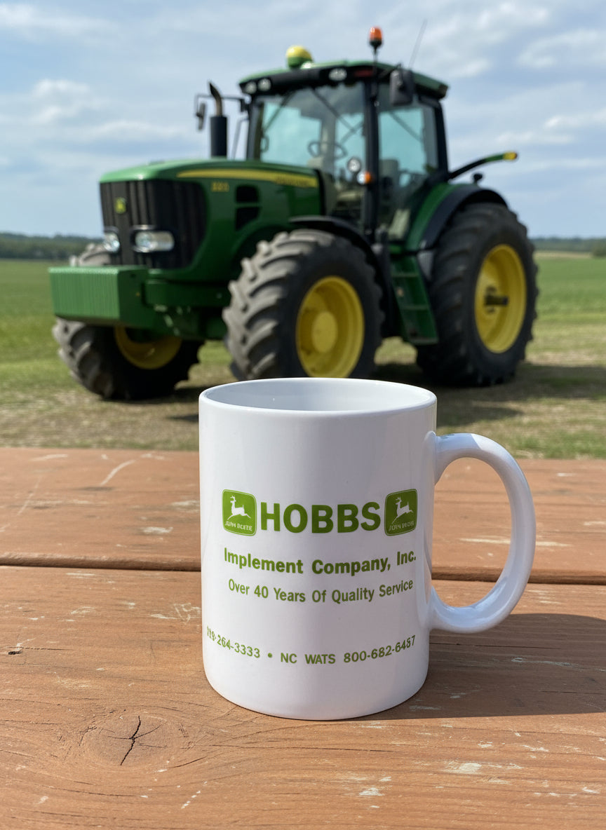 Promotional Coffee Cup Mug for Hobbs Implement Company John Deere Dist. 3 7/8" Tall
