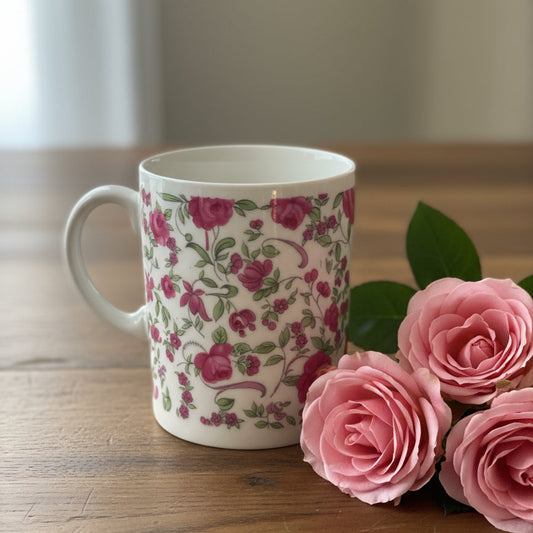 Vintage 70s Coffee Cup Mug Mini Mug Pink Roses Porcelain Japan 3 3/8" Tall